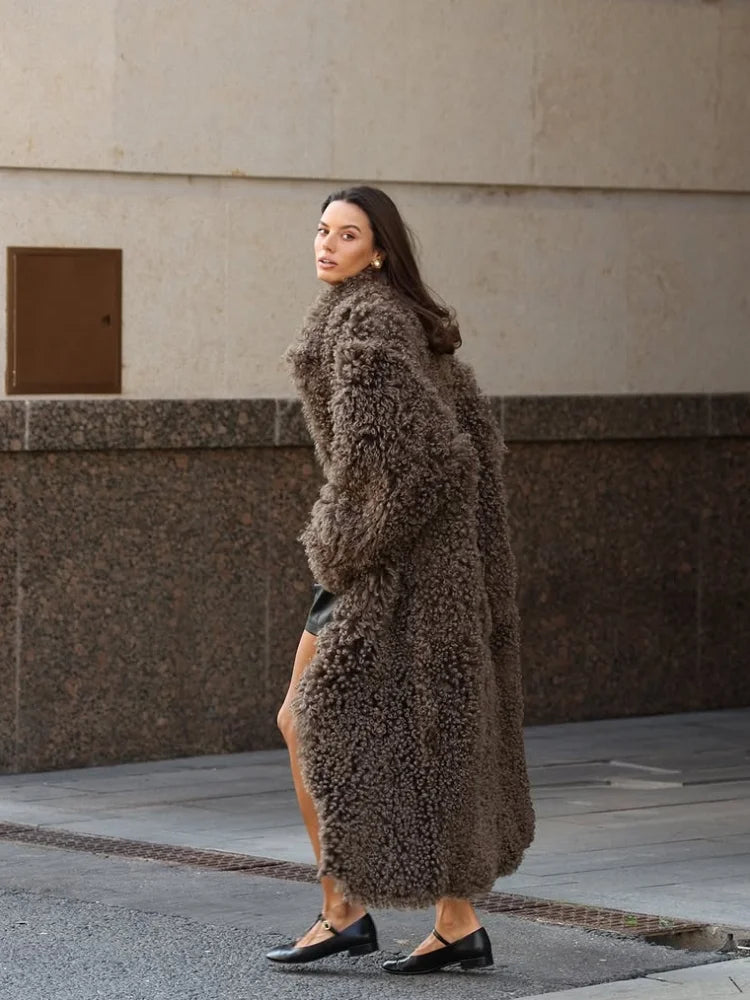 Mirela Women’s Long Faux Fur Coat | Lapel Collar | The Lineage