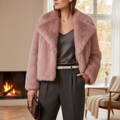Nero Women’s Faux Fur Jacket | Short Sleeves, Large Collar pink | The Lineage