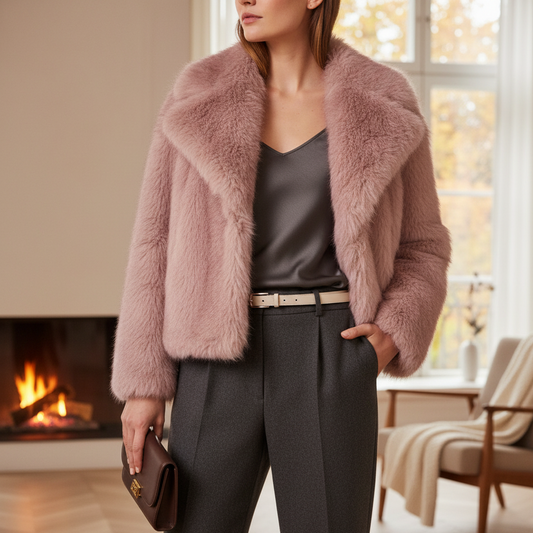 Nero Women’s Faux Fur Jacket | Short Sleeves, Large Collar pink | The Lineage