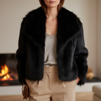 Nero Women’s Faux Fur Jacket | Short Sleeves, Large Collar black | The Lineage