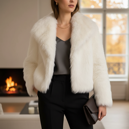 Nero Women’s Faux Fur Jacket | Short Sleeves, Large Collar white | The Lineage