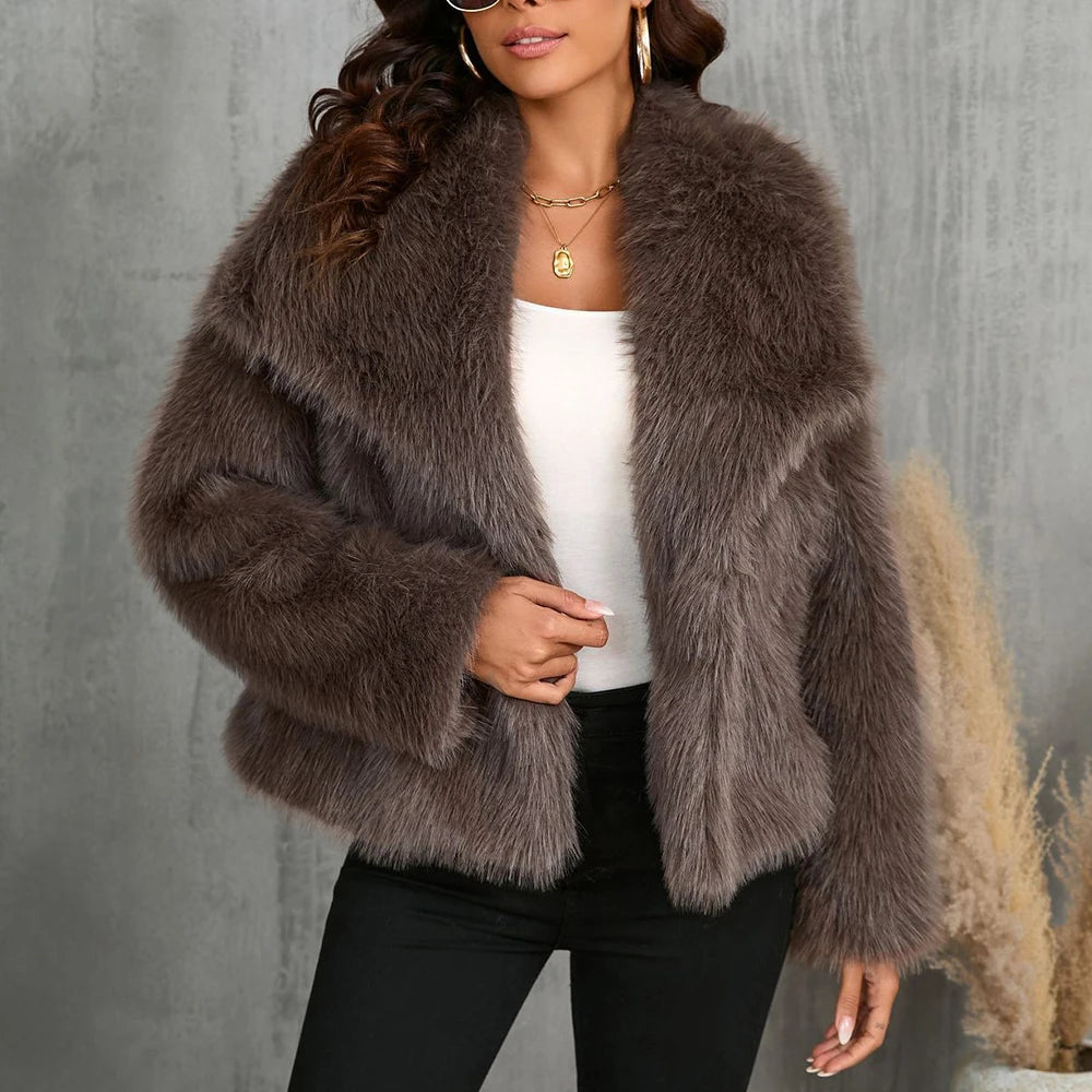 Nero Women’s Faux Fur Jacket | Short Sleeves, Large Collar coffee | The Lineage