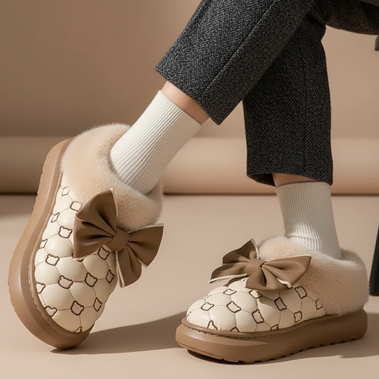 Nivya Women’s Fluffy Winter Slippers | Plush Indoor Shoes with Bow, Warm & Soft beige | The Lineage