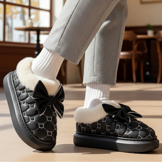 Nivya Women’s Fluffy Winter Slippers | Plush Indoor Shoes with Bow, Warm & Soft black | The Lineage