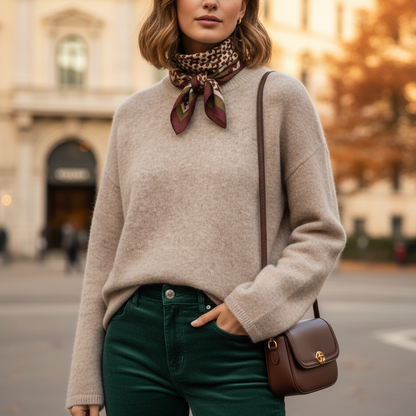 Ria Women’s Fluffy Knit Jumper | Loose Fit, O-Neck, Long Sleeves khaki | The Lineage