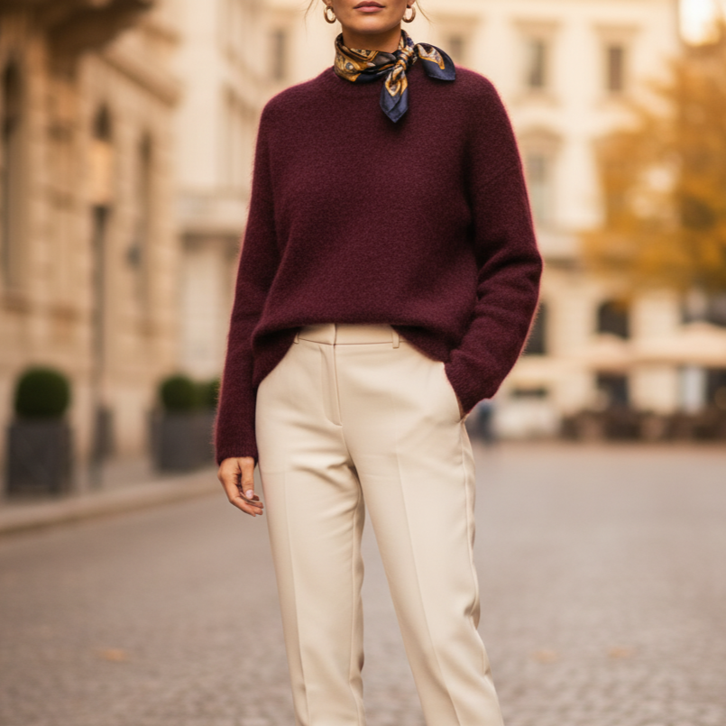 Ria Women’s Fluffy Knit Jumper | Loose Fit, O-Neck, Long Sleeves burgundy | The Lineage