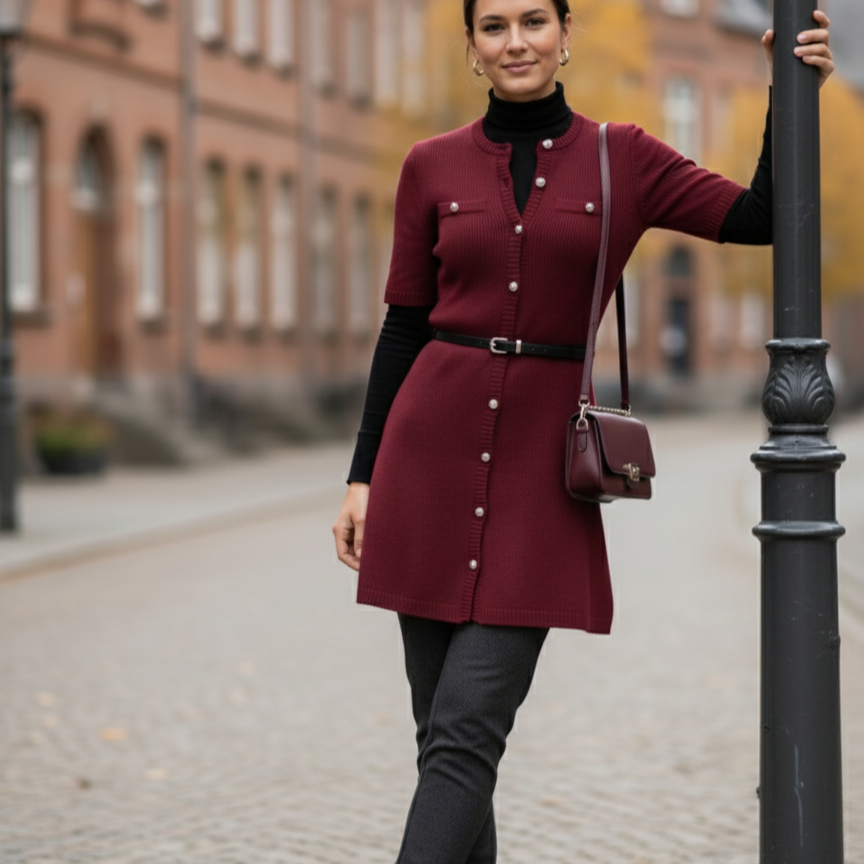 Sarina Women's Ribbed Knit Midi Dress | Figure-Hugging, High Waist burgundy | The Lineage