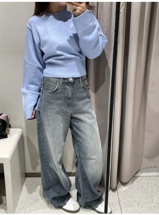 Seiz Women’s Ribbed Knit Sweater | Cropped, Round Neck blue | The Lineage