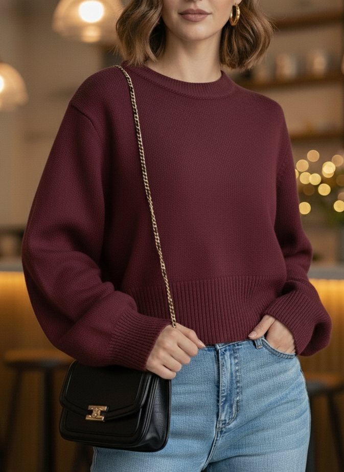 Seiz Women’s Ribbed Knit Sweater | Cropped, Round Neck burgundy | The Lineage