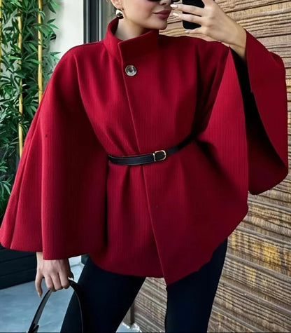 Seriva Women’s Winter Cape with Belt | Batwing Sleeves, Warm & Elegant burgundy | The Lineage
