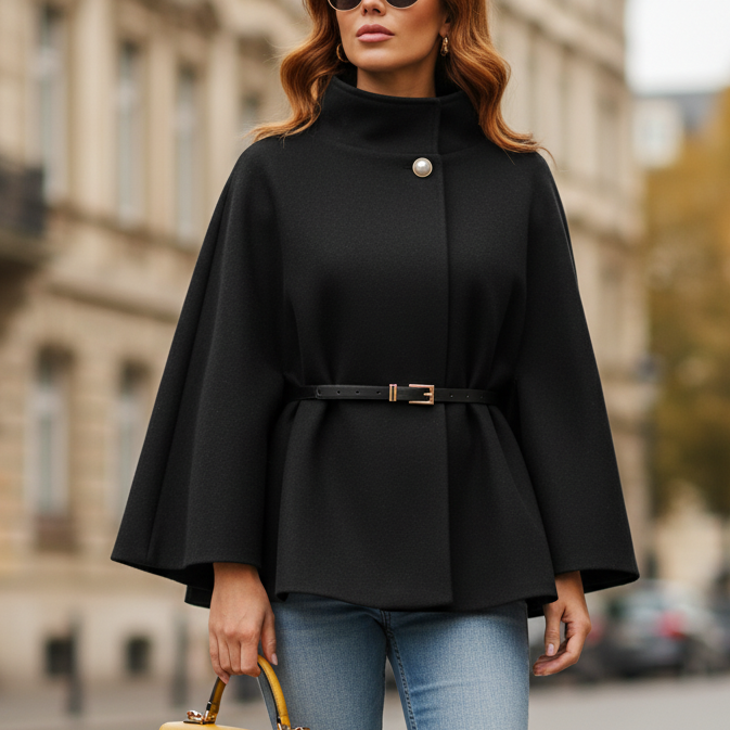 Seriva Women’s Winter Cape with Belt | Batwing Sleeves, Warm & Elegant black | The Lineage