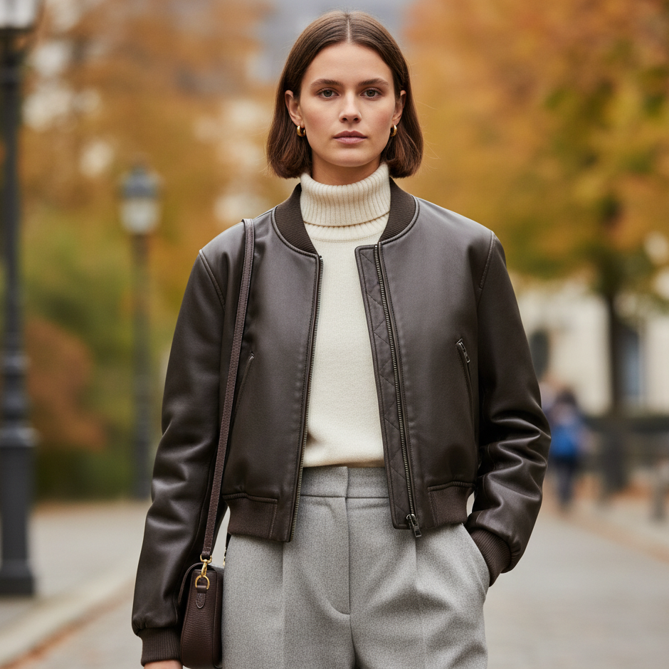 Sezra Women’s PU Leather Bomber Jacket with Stand-Up Collar | Short Cut, Long Sleeves brown | The Lineage