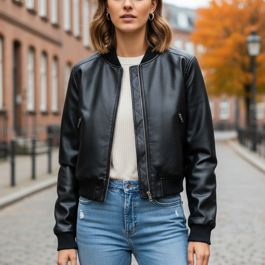 Sezra Women’s PU Leather Bomber Jacket with Stand-Up Collar | Short Cut, Long Sleeves black | The Lineage