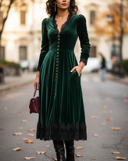 Silvia Women’s A-line Dress in Velvet Look with Lace Detail | V-neck, High Waist green | The Lineage