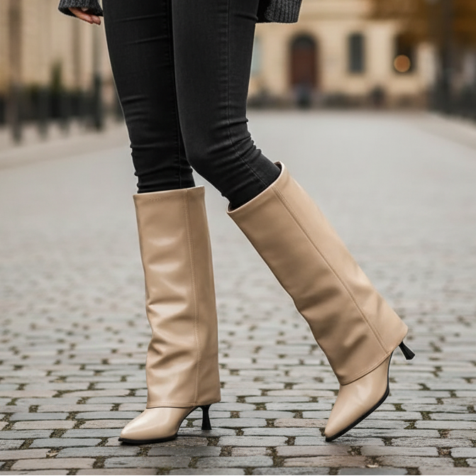 Terral Women’s Knee-High Boots with Pointed Heel | Elegant, Feminine Silhouette khaki | The Lineage