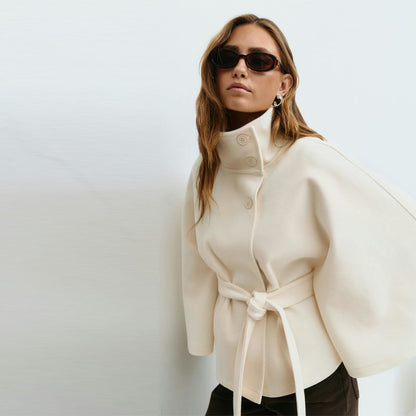 Vela Women's Cape-Style Jacket | Single-Breasted, Loose Fit with Belt, Stand-Up Collar white | The Lineage