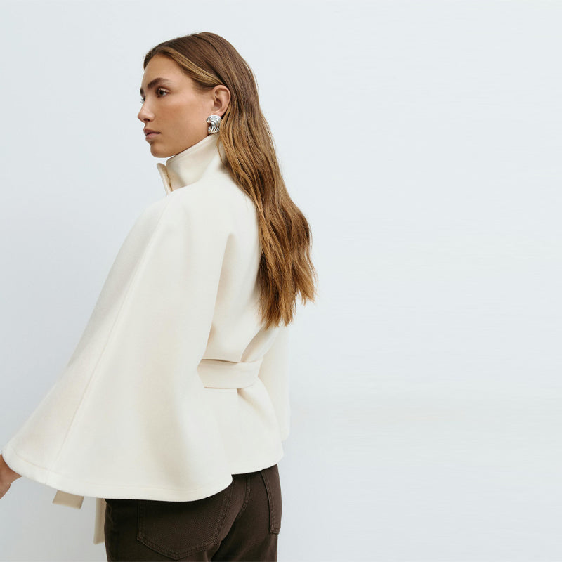 Vela Women's Cape-Style Jacket | Single-Breasted, Loose Fit with Belt, Stand-Up Collar | The Lineage