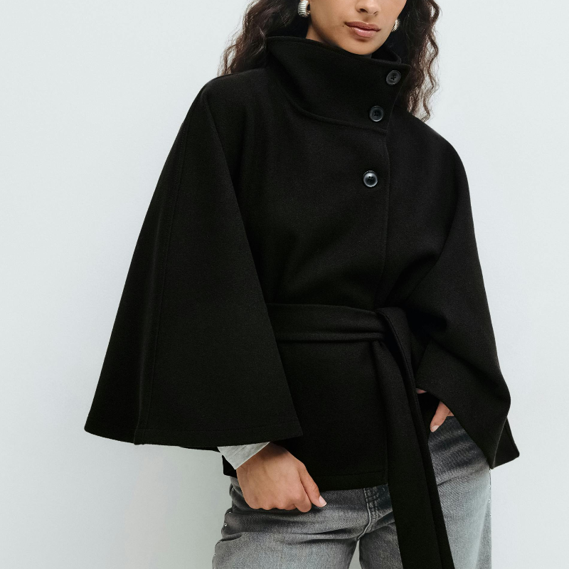 Vela Women's Cape-Style Jacket | Single-Breasted, Loose Fit with Belt, Stand-Up Collar black | The Lineage