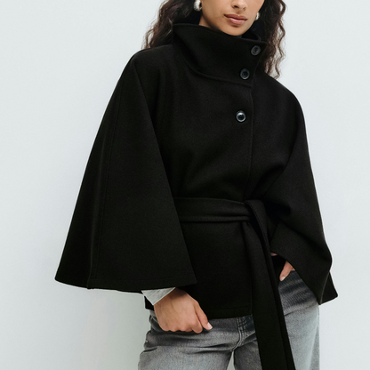 Vela Women's Cape-Style Jacket | Single-Breasted, Loose Fit with Belt, Stand-Up Collar black | The Lineage