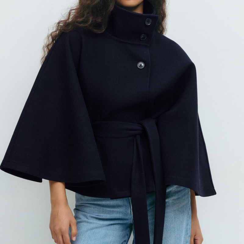 Vela Women's Cape-Style Jacket | Single-Breasted, Loose Fit with Belt, Stand-Up Collar deep blue | The Lineage