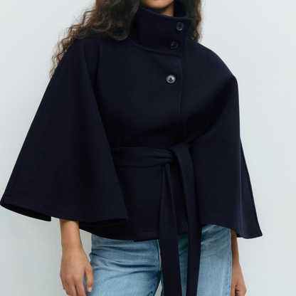 Vela Women's Cape-Style Jacket | Single-Breasted, Loose Fit with Belt, Stand-Up Collar deep blue | The Lineage