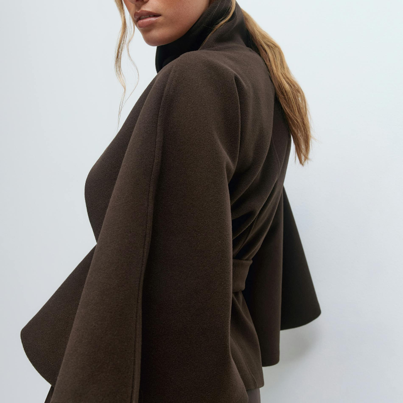 Vela Women's Cape-Style Jacket | Single-Breasted, Loose Fit with Belt, Stand-Up Collar | The Lineage