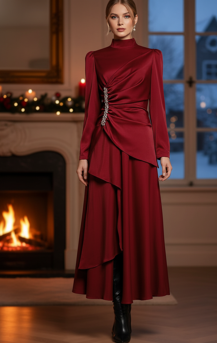 Velle Women’s Evening Dress in Pleated Look | Stand-up collar, long sleeves, high waist red | The Lineage