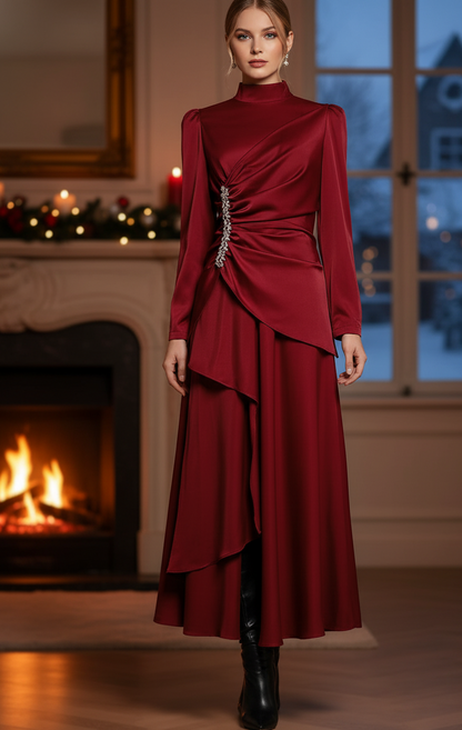 Velle Women’s Evening Dress in Pleated Look | Stand-up collar, long sleeves, high waist red | The Lineage