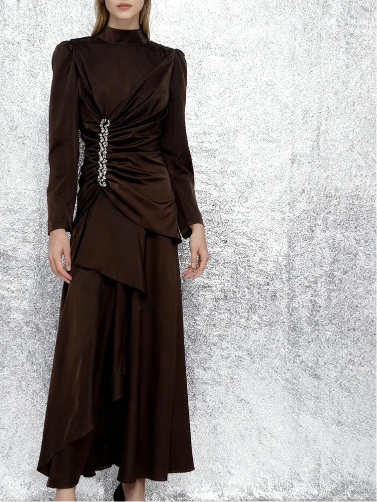 Velle Women’s Evening Dress in Pleated Look | Stand-up collar, long sleeves, high waist coffee | The Lineage