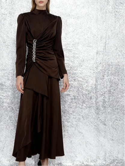 Velle Women’s Evening Dress in Pleated Look | Stand-up collar, long sleeves, high waist coffee | The Lineage