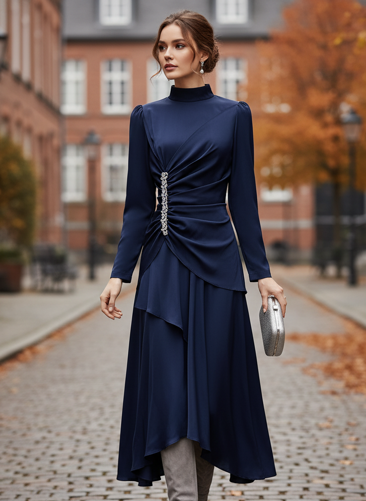 Velle Women’s Evening Dress in Pleated Look | Stand-up collar, long sleeves, high waist blue | The Lineage