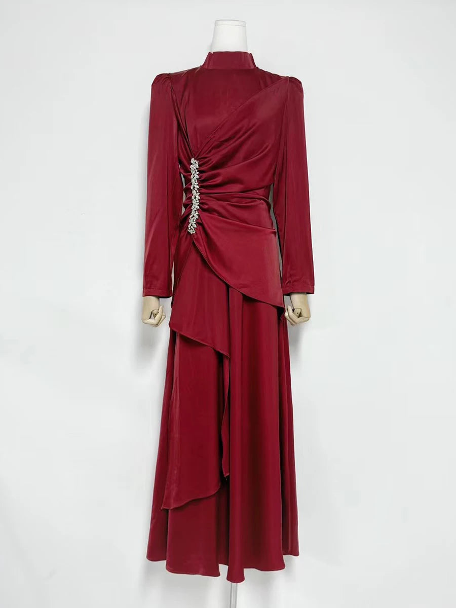 Velle Women’s Evening Dress in Pleated Look | Stand-up collar, long sleeves, high waist | The Lineage