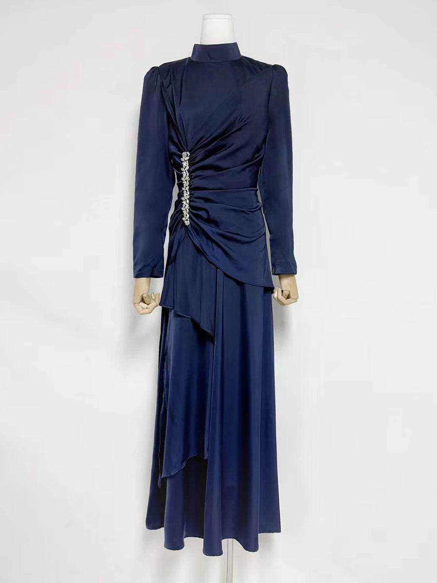 Velle Women’s Evening Dress in Pleated Look | Stand-up collar, long sleeves, high waist | The Lineage