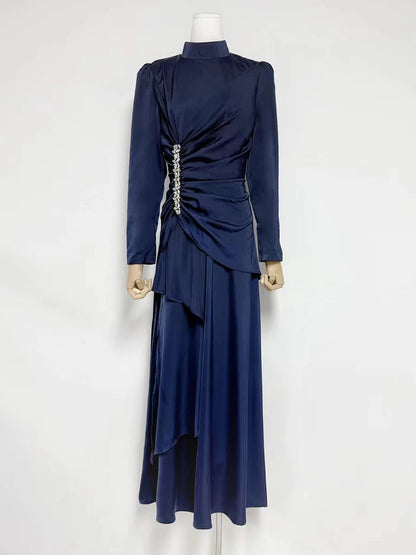 Velle Women’s Evening Dress in Pleated Look | Stand-up collar, long sleeves, high waist | The Lineage