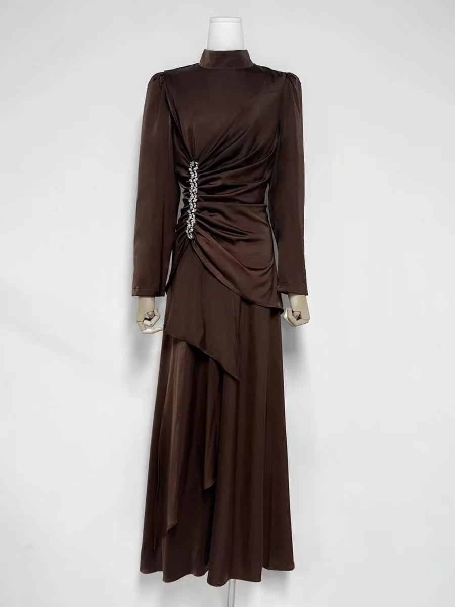 Velle Women’s Evening Dress in Pleated Look | Stand-up collar, long sleeves, high waist | The Lineage