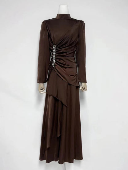 Velle Women’s Evening Dress in Pleated Look | Stand-up collar, long sleeves, high waist | The Lineage