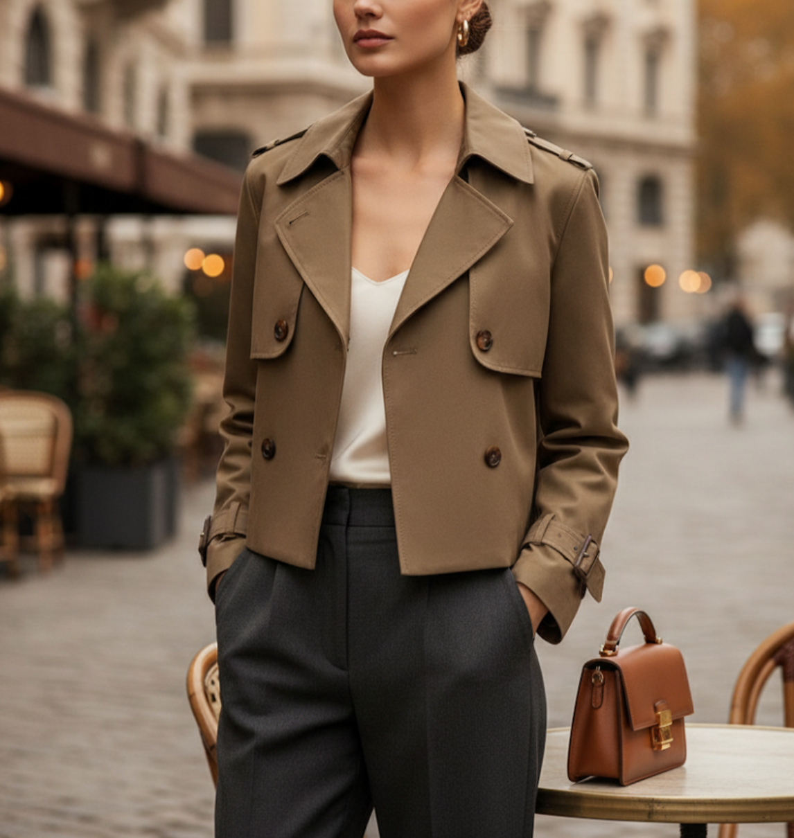 Vento Women’s Double-Breasted Trench Coat | Long Sleeves, Turn-Down Collar, Button Detail brown | The Lineage