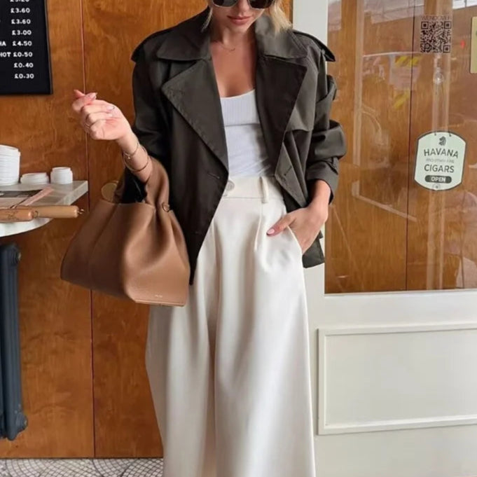 Vento Women’s Double-Breasted Trench Coat | Long Sleeves, Turn-Down Collar, Button Detail | The Lineage