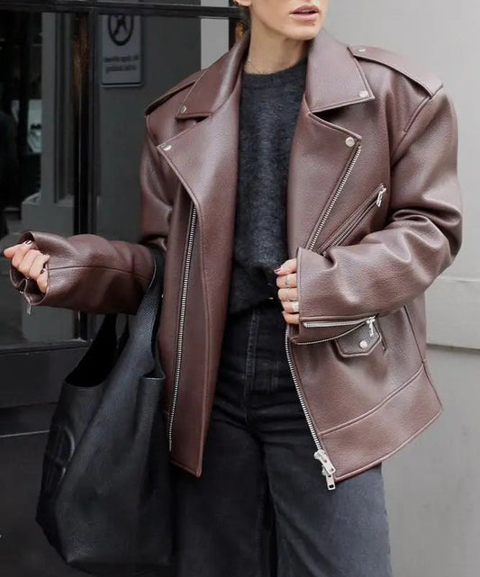 Vionel Women’s PU Leather Jacket with Notched Lapel | Zipper, pockets brown | The Lineage