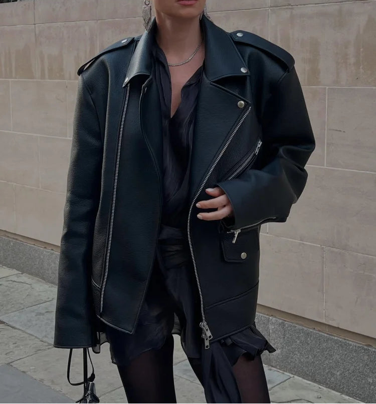 Vionel Women’s PU Leather Jacket with Notched Lapel | Zipper, pockets | The Lineage