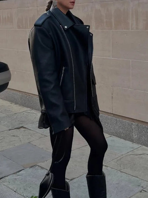 Vionel Women’s PU Leather Jacket with Notched Lapel | Zipper, pockets | The Lineage