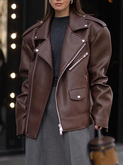 Vionel Women’s PU Leather Jacket with Notched Lapel | Zipper, pockets | The Lineage