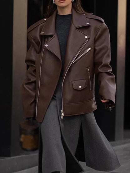 Vionel Women’s PU Leather Jacket with Notched Lapel | Zipper, pockets | The Lineage