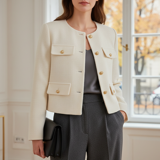 Vivia Women's Cropped Jacket in Tweed Look | Long Sleeves, Button-Front beige | The Lineage