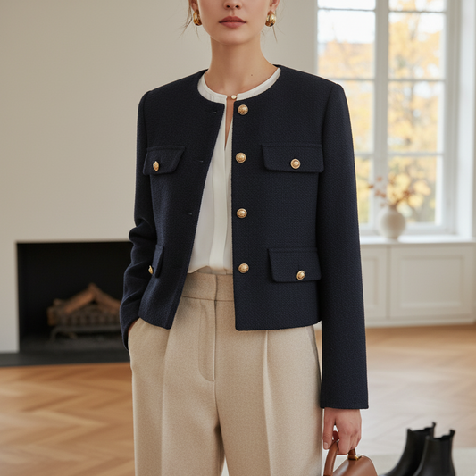 Vivia Women's Cropped Jacket in Tweed Look | Long Sleeves, Button-Front | The Lineage