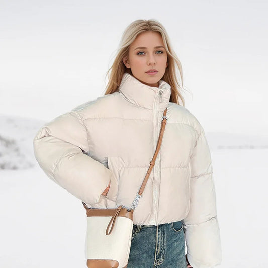 Zaira Women's Short Quilted Jacket with Stand-Up Collar | Water-Repellent, Windproof white | The Lineage