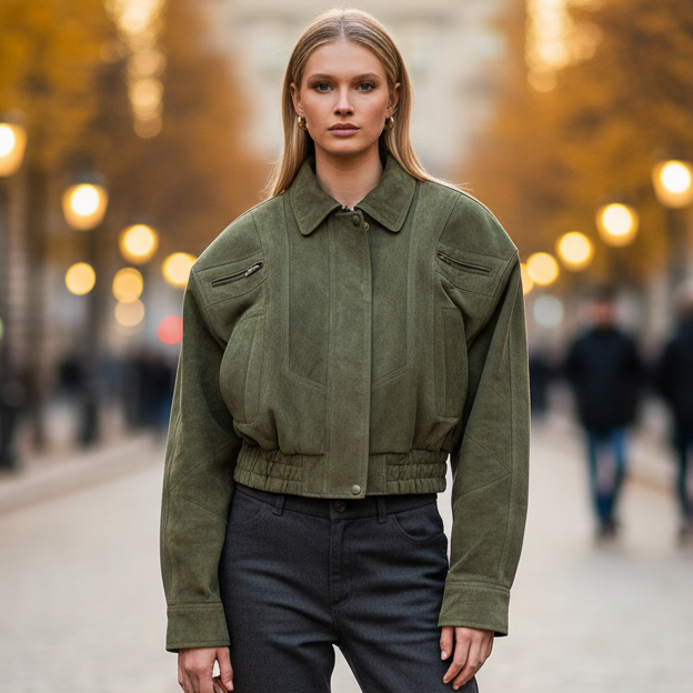 Zena Women’s Retro Wool-Blend Short Jacket | Boxy Fit, Zipper green | The Lineage