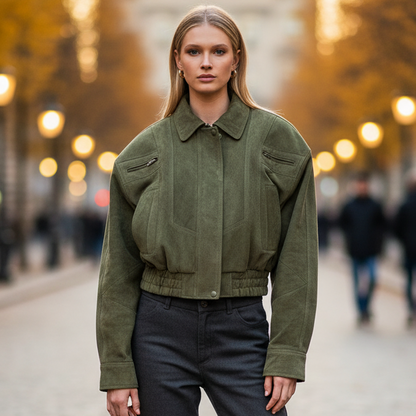 Zena Women’s Retro Wool-Blend Short Jacket | Boxy Fit, Zipper green | The Lineage