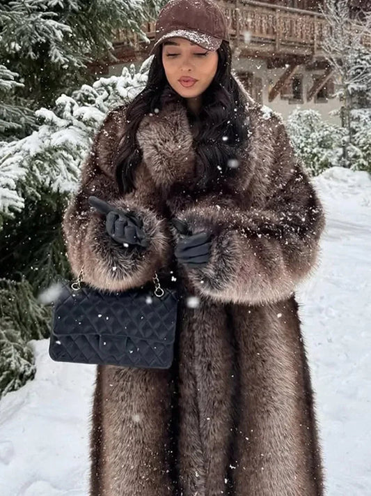 Zova Women’s Faux Fur Coat, Winter Lined | Fluffy, Long Sleeves dark brown | The Lineage