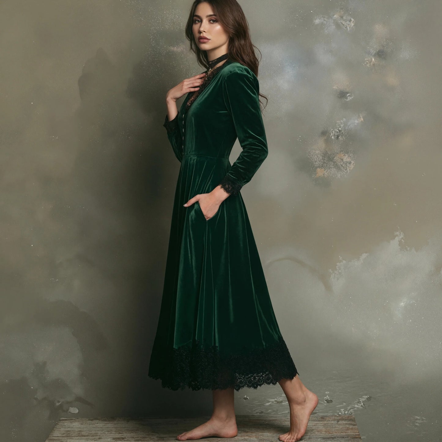 Silvia Women’s A-line Dress in Velvet Look with Lace Detail | V-neck, High Waist | The Lineage